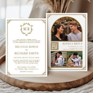 Monogram QR Code Photo Collage White Gold Wedding Invitation