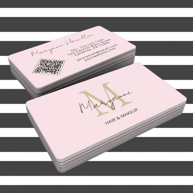 Monogram QR Code Pink Business Card (Creator Uploaded)