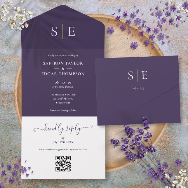 Monogram QR Code Purple And Gold Wedding All In One Invitation (Monogram QR Code Purple And Gold Wedding All In One Invitation)
