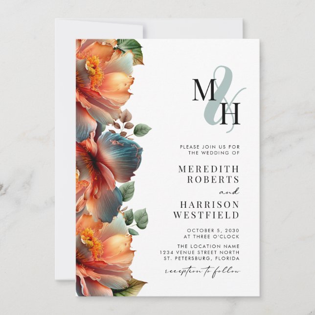 Monogram QR Code RSVP Fall Floral Autumn Wedding Invitation (Front)