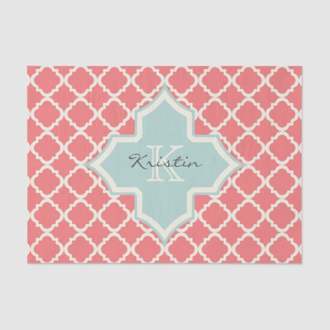 Monogram Quatrefoil Coral Mint Pattern Tissue Paper (Front)