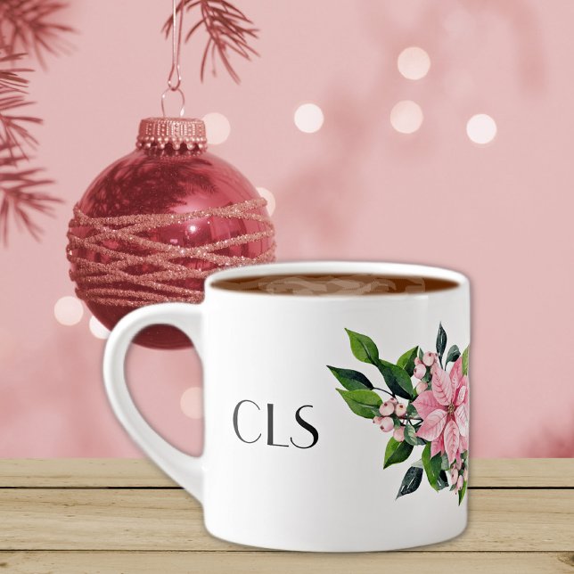 Monogram & Quote, Pink Poinsettia Swag on 6oz Espresso Cup (Creator Uploaded)