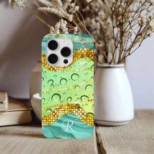 Monogram R Aqua Lime Gold Marble Fantasy Droplets iPhone 15 Pro Case