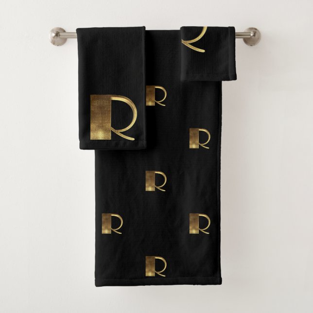 Monogram R Black and Gold Look Elegant Typography Bath Towel Set (Insitu)