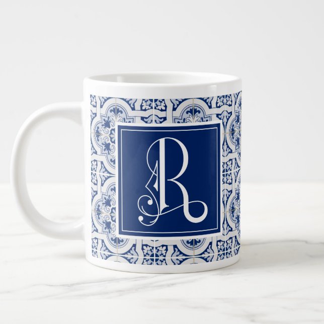 Monogram R, Blue Sicilian Tile Giant Coffee Mug (Left)