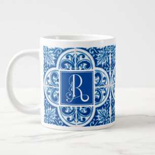 Monogram R, Classic Blue Tile Design Large Coffee Mug