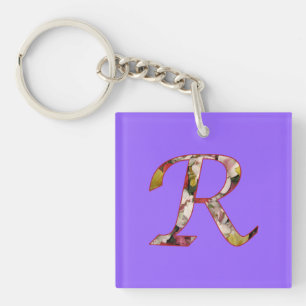 Monogram R Floral Design Keychain