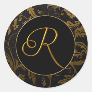 Monogram R Gold and Black Damask Wedding Seal