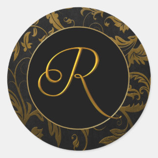Monogram R Gold and Black Damask Wedding Seal