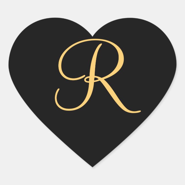 Monogram R,  gold coloured initial R on black, Heart Sticker (Front)