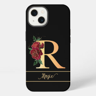 Monogram R golden custom name red roses black iPhone 13 Case