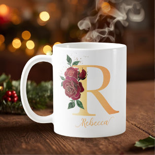 Monogram R golden custom name red roses  Coffee Mug