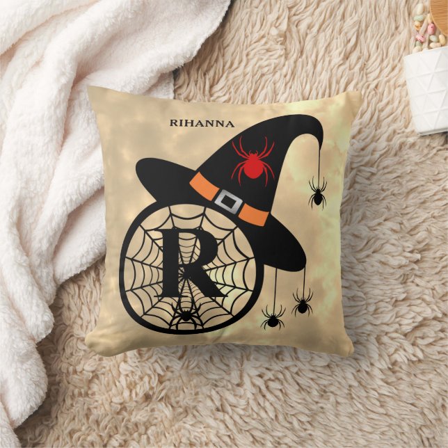 Monogram R Halloween Sky Witch Spiders Name Cushion (Blanket)