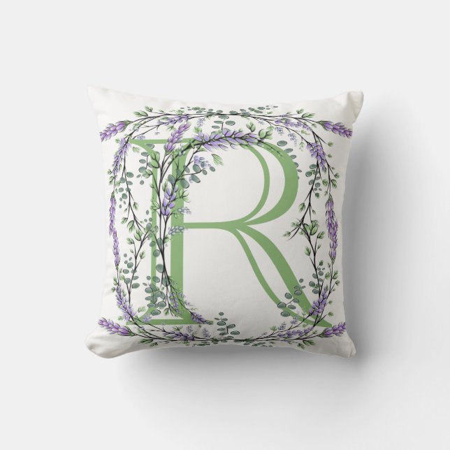 Monogram R Lavender Eucalyptus Cushion (Front)
