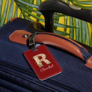 Monogram R red wood letter flower Luggage Tag