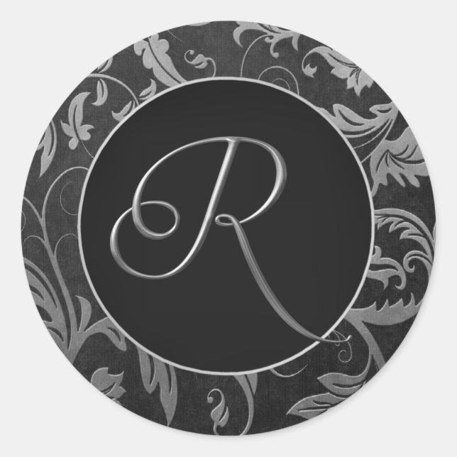 Monogram R Silver and Black Damask Wedding Seal (Front)