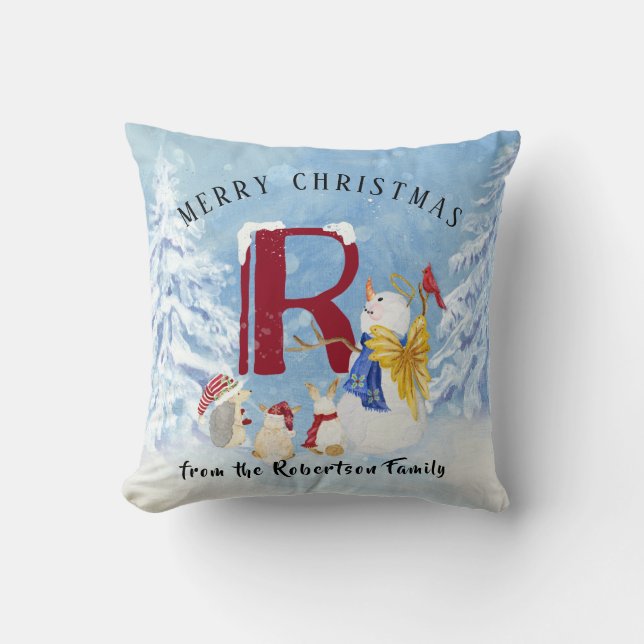 Monogram R Snowy Snowman Angel Hedgehog Rabbits Cushion (Front)