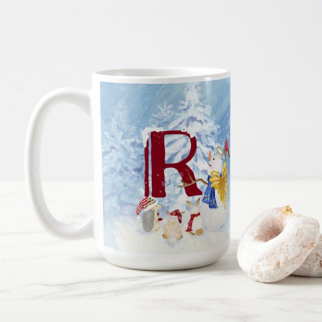 Monogram R Snowy Woodland Animals Snowman Trees Coffee Mug (With Donut)