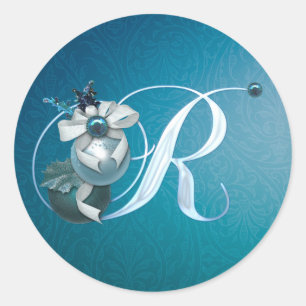 Monogram R Teal Ornament Ribbon Christmas Sticker