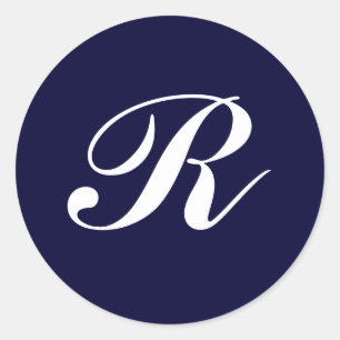 Monogram R, white script on navy blue Classic Round Sticker
