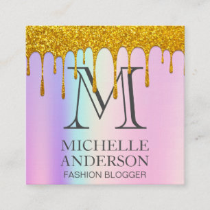 Monogram Rainbow Blend Gold Glitter Drip Square Business Card