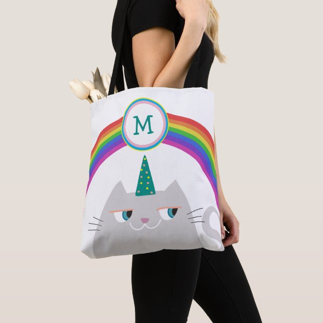 Monogram Rainbow Cat Tote Bag Cute Unicorn (Close Up)