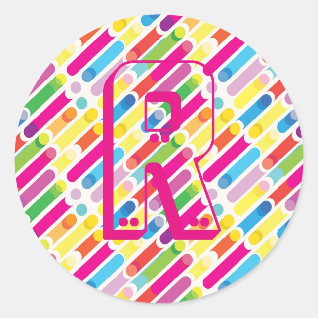 Monogram Rainbow Diagonal Lines Pattern Pop Art Classic Round Sticker (Front)