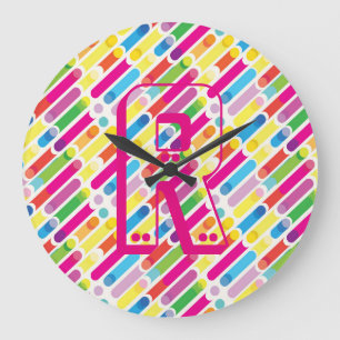 Monogram Rainbow Diagonal Lines Pattern Pop Art Large Clock