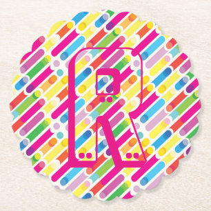 Monogram Rainbow Diagonal Lines Pattern Pop Art Paper Coaster
