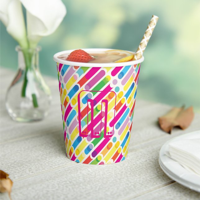 Monogram Rainbow Diagonal Lines Pattern Pop Art Paper Cups (Insitu)