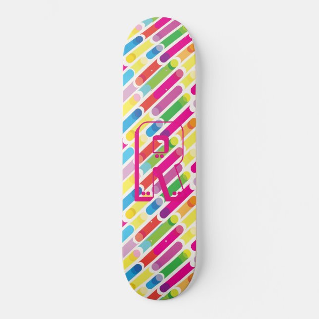 Monogram Rainbow Diagonal Lines Pattern Pop Art Skateboard (Front)
