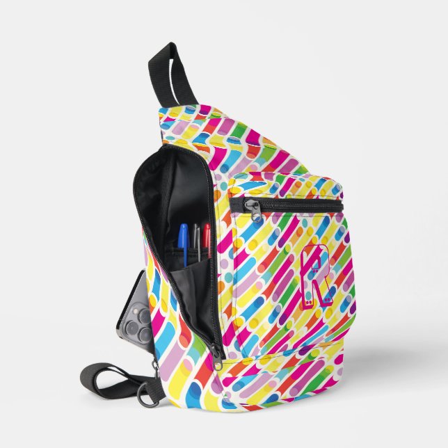 Monogram Rainbow Diagonal Lines Pattern Pop Art Sling Bag (Open)