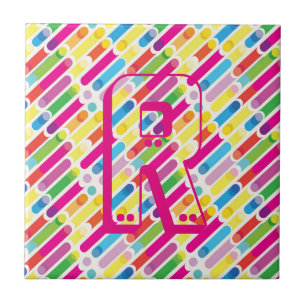 Monogram Rainbow Diagonal Lines Pattern Pop Art Tile