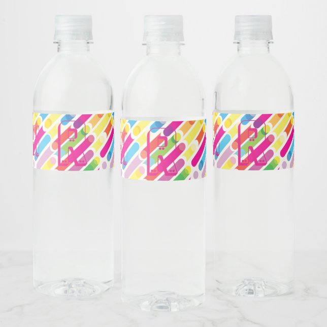 Monogram Rainbow Diagonal Lines Pattern Pop Art Water Bottle Label (Bottles)
