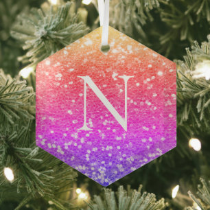 Monogram Rainbow Glitter Christmas Holiday  Glass Tree Decoration