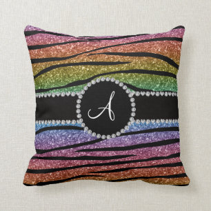 Monogram rainbow glitter zebra stripes circle cushion