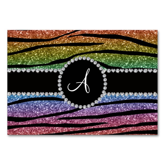Monogram rainbow glitter zebra stripes circle table number (Front)