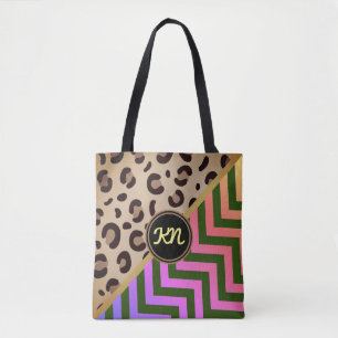 Monogram Rainbow Leopard Print Chevron Two-Tone  Tote Bag