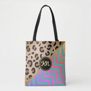 Monogram Rainbow Leopard Print Chevron Two-Tone Tote Bag