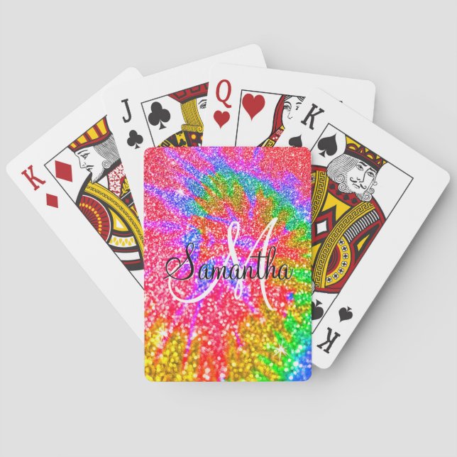 Monogram Rainbow Tie Dye Faux Glitter Playing Cards (Back)