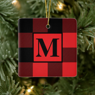Monogram Red and Black Buffalo Plaid Christmas Ceramic Ornament