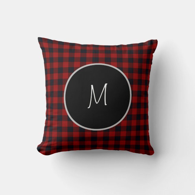 Monogram Red and Black Buffalo Plaid Cushion (Front)