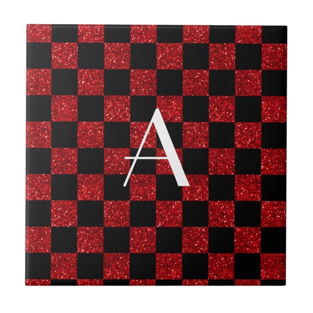 Monogram red and black glitter chequered tile (Front)