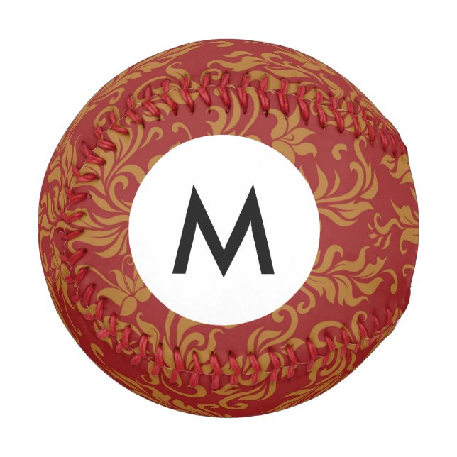 Monogram Red and Gold Floral Pattern Baseball (Front Left)