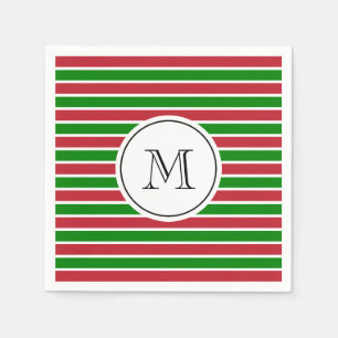 Monogram Red and Green Stripes Holiday Christmas Napkin