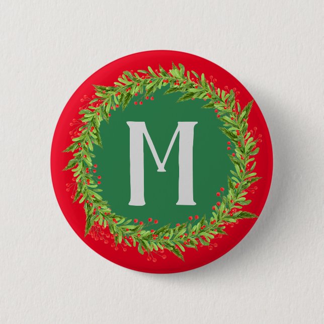 Monogram Red and Green Wreath Christmas 6 Cm Round Badge (Front)