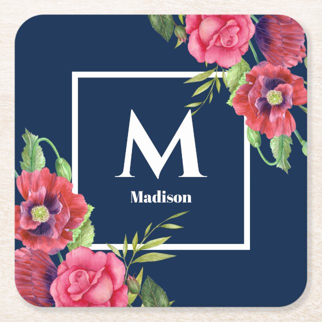 Monogram Red and Pink Flowers Dark Navy Blue Square Paper Coaster (Front)