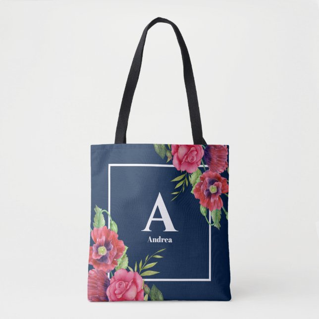Monogram Red and Pink Flowers Dark Navy Blue Tote Bag (Front)