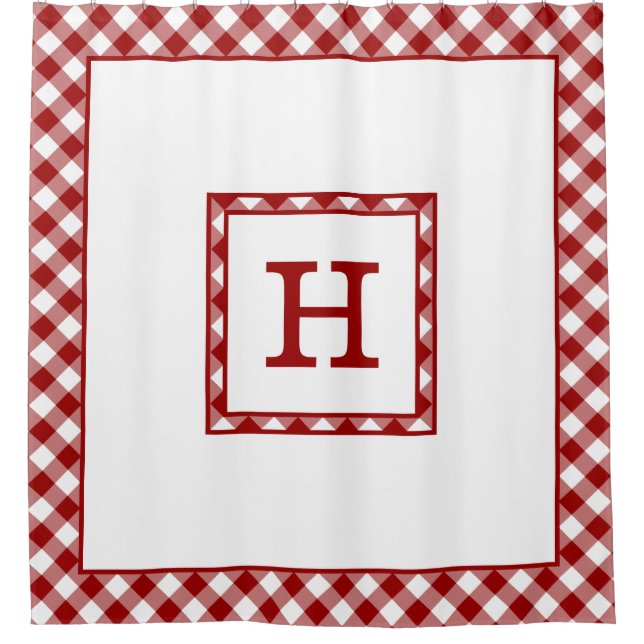 Monogram Red and White Buffalo Check Border Shower Curtain (Front)