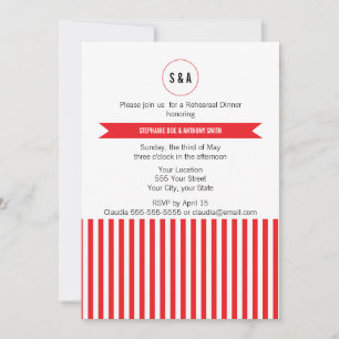 Monogram Red and White Stripes Pattern Rehearsal Invitation